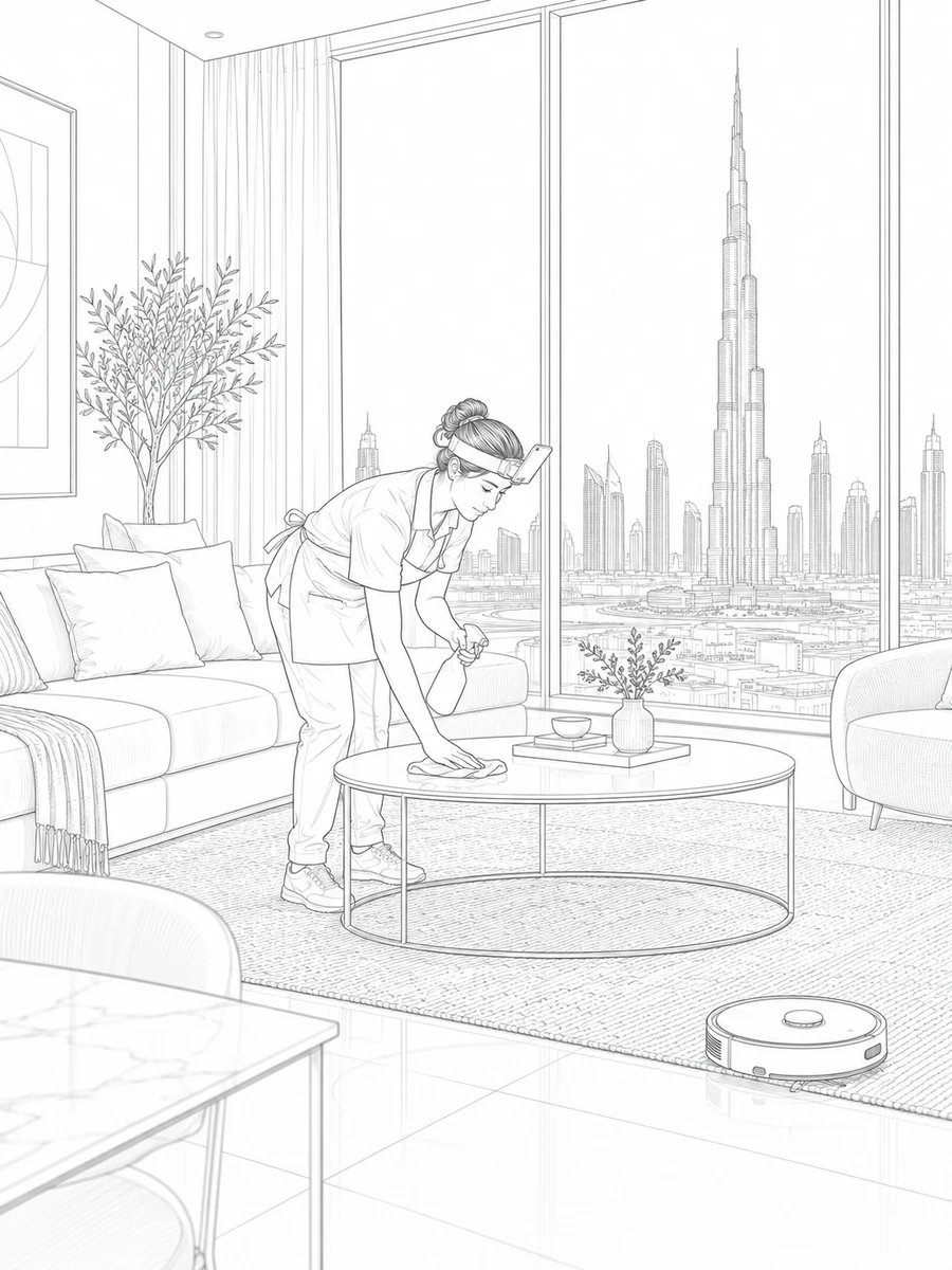 Line illustration of a cleaner working in a Dubai apartment